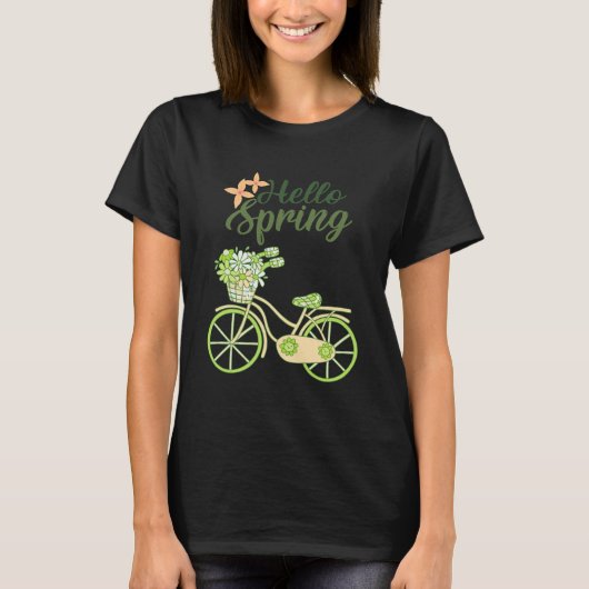 春を迎えるビンテージ自転車のイラスト Tシャツ (正面)