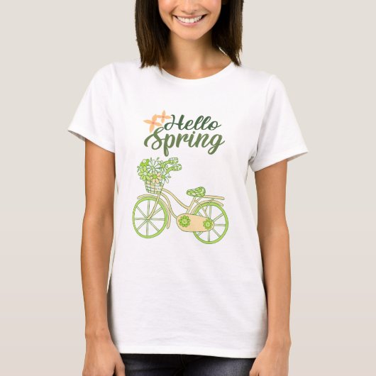 春を迎えるビンテージ自転車のイラスト Tシャツ (正面)