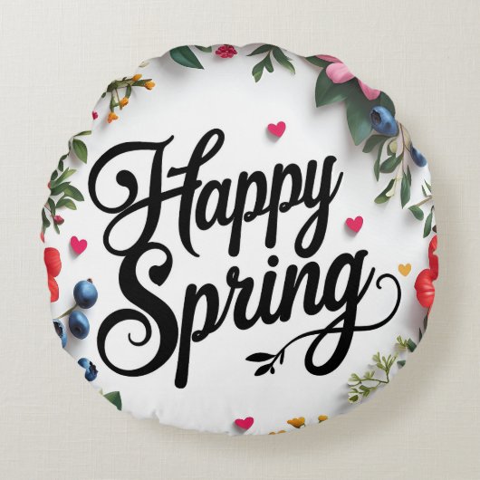 "春を迎える幸せ: 'HAPPY SPRING' ラウンドクッション (正面)