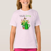 春を迎える花の庭園の女の子 ピンク Tシャツ (正面)