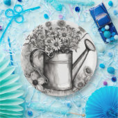 春アート、散水缶、白黒アート ペーパープレート (パーティー)