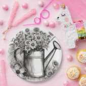 春アート、散水缶、白黒アート ペーパープレート (パーティー)