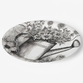 春アート、散水缶、白黒アート ペーパープレート (アングル)