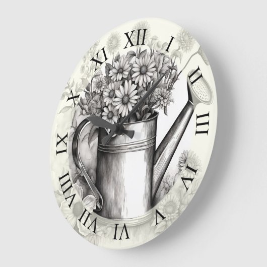 春アート、散水缶、白黒アート ラージ壁時計 (傾斜)
