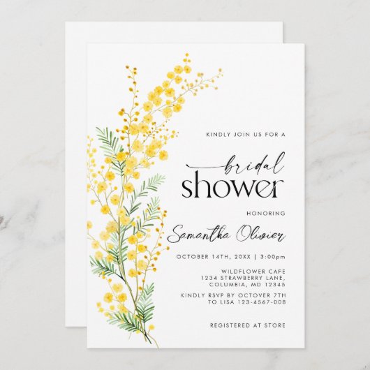 春イエローゴールデンミモザフローラブライダルシャワー 招待状 (正面/裏面)