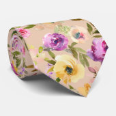 春イエローピンクパープルフローラ水彩ネック ネクタイ (ロール)