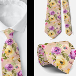 春イエローピンクパープルフローラ水彩ネック ネクタイ