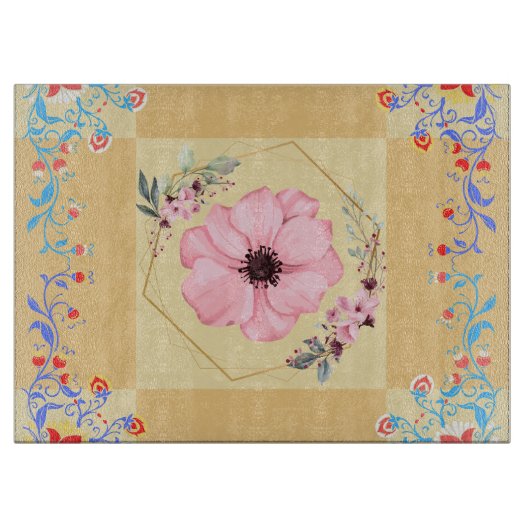 春インスパイアデザイン、オレンジフローラグラフィックアート カッティングボード (正面)