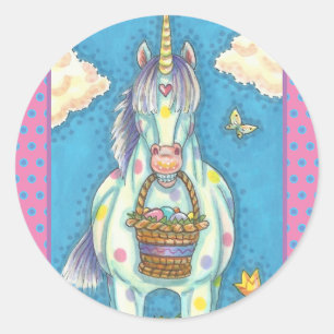 春イースターバスケットユニコーン、かわいい馬のステッカー ラウンドシール