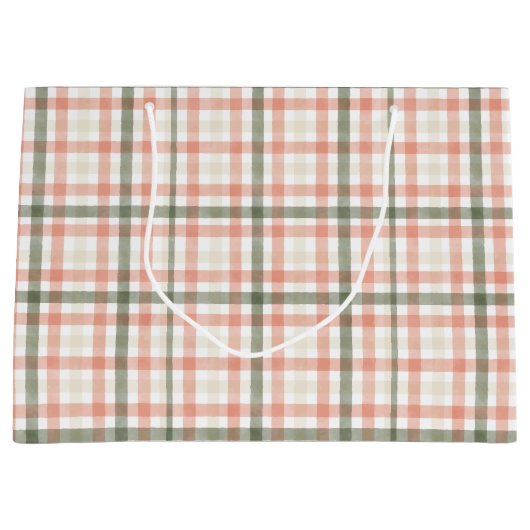 春ウォーターカラーピーチグリーンプレイド ラージペーパーバッグ (正面)