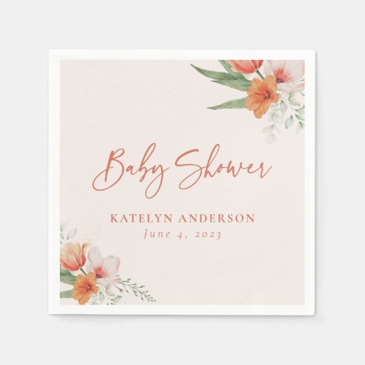 春ウォーターカラーピーチフローラガールベビーシャワー スタンダードカクテルナプキン (正面)