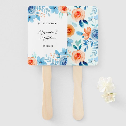 春ウォーターカラーブルーオレンジ花模様結婚ズ ハンドファン (正面&裏面)