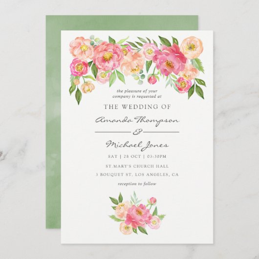 春ウォーターカラープオーニー結婚式招待状 招待状 (正面/裏面)