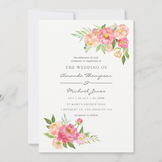 春ウォーターカラープオーニー結婚式招待状 招待状 (正面)