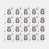 春ウオーターカラーペンギン花が咲く白いペンギン フリースブランケット (正面(横))