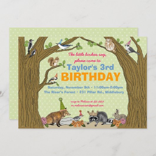 春ウッドランド動物パーティの招待状 招待状 (正面/裏面)