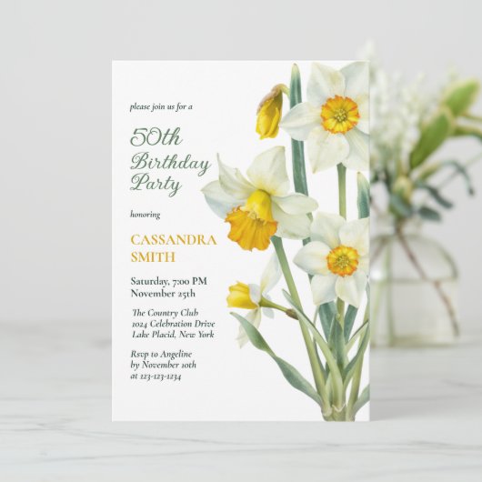 春エレガントイエローダフォディルフローラ誕生日 招待状 (スタンド正面)