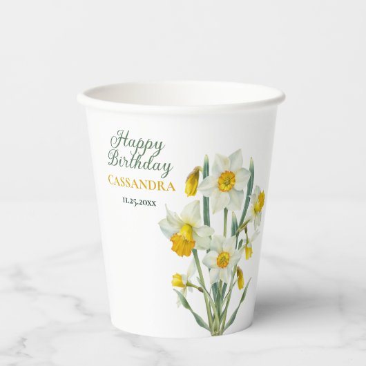 春エレガントイエローダフォディルフローラ誕生日 紙コップ (正面)