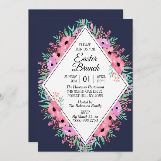 春エレガントフローライースターブランチ |任意の色 招待状 (正面/裏面)