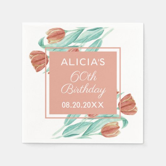 春エレガントブラウンチューリップ60誕生日 スタンダードカクテルナプキン (正面)