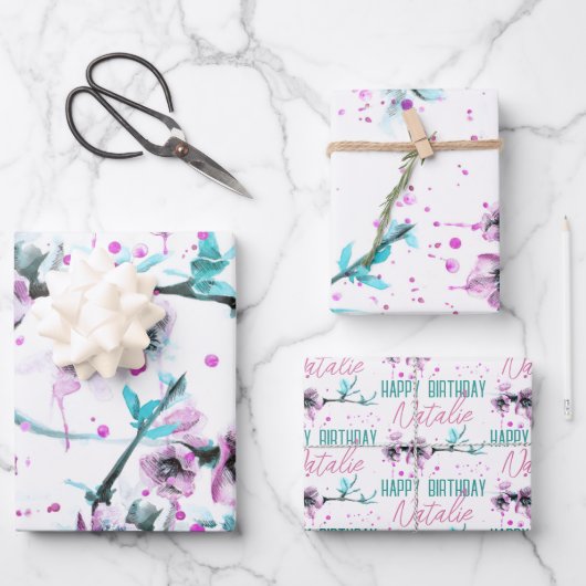 春エレガントブロッサムピンクフローラウォーターカラーアート ラッピングペーパーシート (正面)
