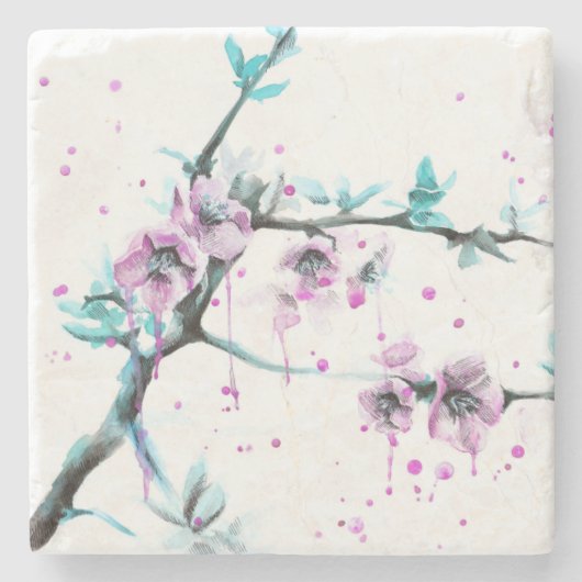 春エレガントブロッサムピンクフローラ水彩アート ストーンコースター (正面)