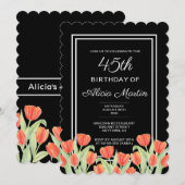 春エレガントレッドチューリップフローラブラック45th誕生日 招待状 (正面/裏面)