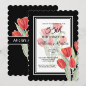 春エレガントレッドチューリップフローラブラック55th誕生日 招待状 (正面/裏面)