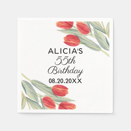 春エレガントレッドチューリップフローラ55th誕生日 スタンダードカクテルナプキン (正面)