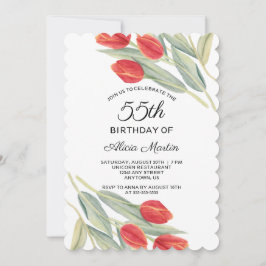 春エレガントレッドチューリップフローラ55th誕生日 招待状