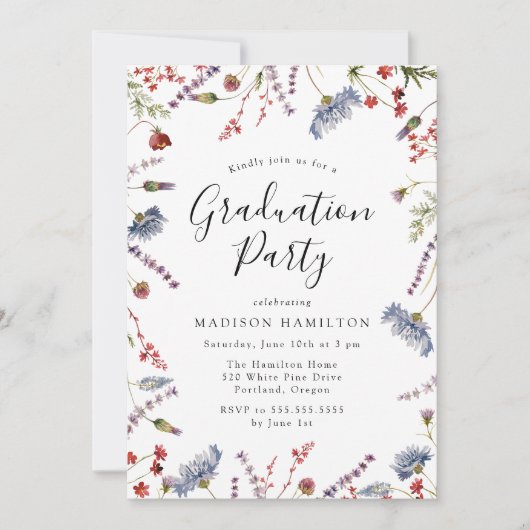 春エレガントワイルドフラワーフォト卒業パーティー 招待状 (正面)