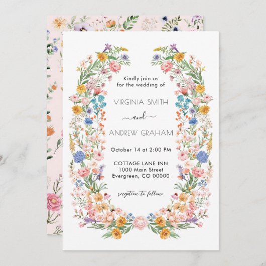 春エレガントワイルドフラワーメドウ庭園の結婚式 招待状 (正面/裏面)