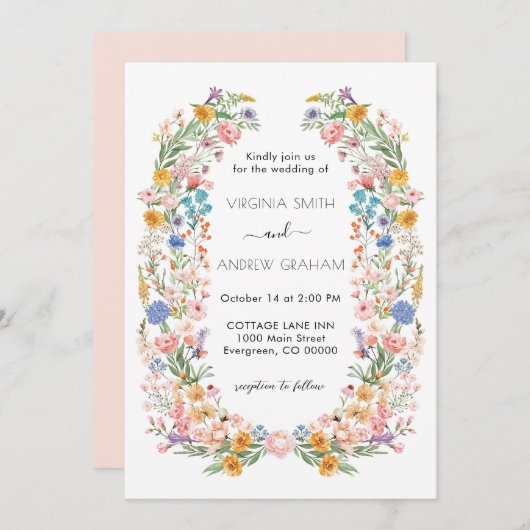 春エレガントワイルドフラワーメドウ庭園の結婚式 招待状 (正面/裏面)