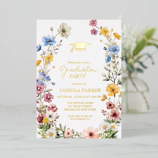 春エレガントワイルドフラワーメドーガーデン卒業 箔招待状 (立ち正面)