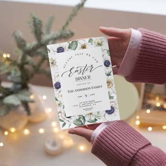 春エレガント水色フローライースターディナーInv 招待状