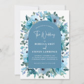 春エレガント白ほこりっぽい青結婚い花 招待状 (正面)