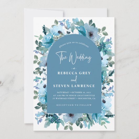 春エレガント白ほこりっぽい青結婚い花 招待状 (正面)