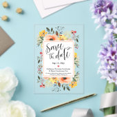 春オレンジ色の黄色のフローラ日付を保存 アクリル招待状 (インサイチュ (ウェディング))