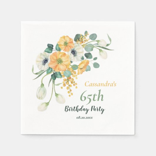 春オレンジ&ホワイトアネモネボタニカル誕生日 スタンダードカクテルナプキン (正面)