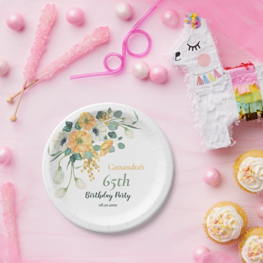 春オレンジ&ホワイトアネモネボタニカル誕生日 ペーパープレート (パーティー)