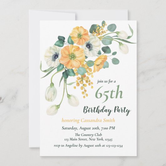 春オレンジ&ホワイトアネモネボタニカル誕生日 招待状 (正面)