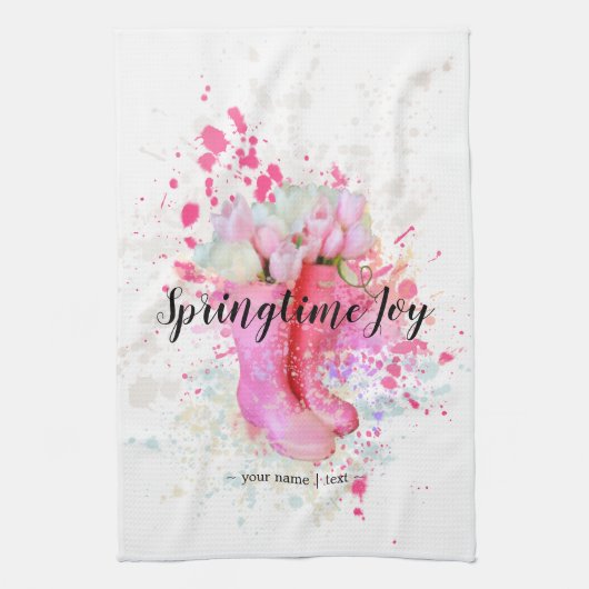 春カラスプラッシュウォーターカラーピンクブーツ&チューリップ キッチンタオル (縦)