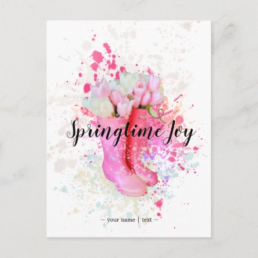 春カラスプラッシュウォーターカラーピンクブーツ&チューリップ ポストカード (正面)