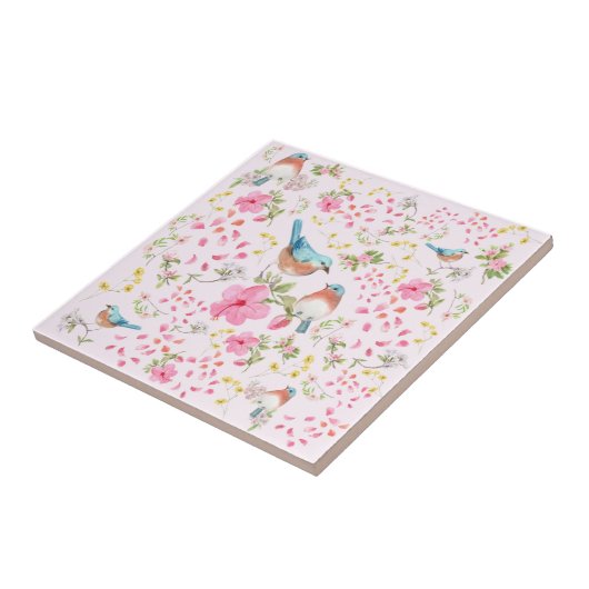 春カラフルの鳥と花    タイル (側面)