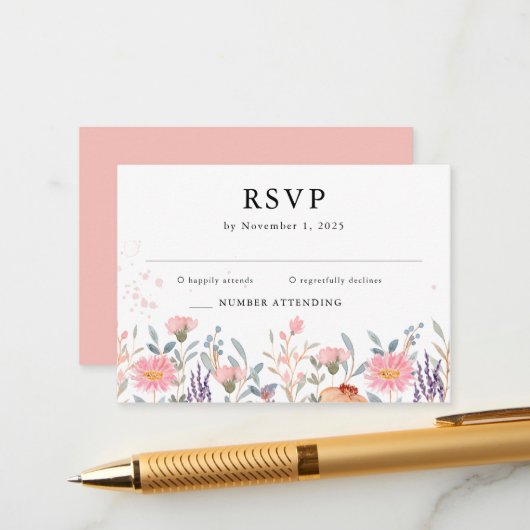 春カラフルシンプルワイルドフラワーウェディングRSVP エンクロージャーカード (正面/裏面インサイチュ)