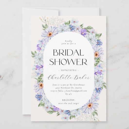春カラフルフラワーズリラパープルブライダルシャワー 招待状 (正面)