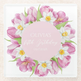 春カラフルフラワー子供の誕生日 ガラスコースター