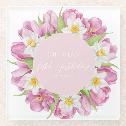 春カラフルフラワー子供の誕生日 ガラスコースター (正面)