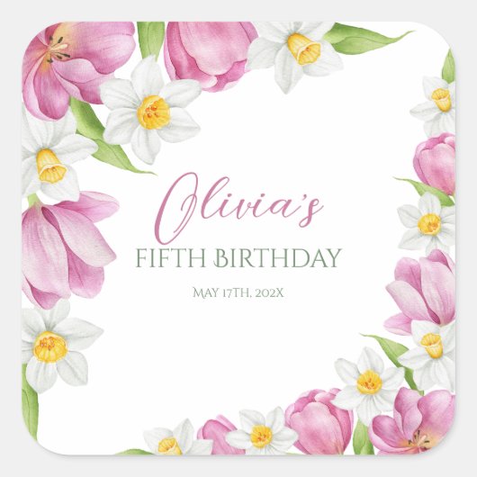 春カラフルフラワー子供の誕生日 スクエアシール (正面)