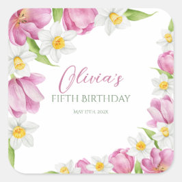 春カラフルフラワー子供の誕生日 スクエアシール